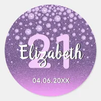 21st birthday party diamonds glitter purple pink classic round sticker