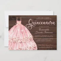 Elegant Pink Rose Glitter Wood Quinceañera Invitation