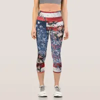 *~* AP27 Distressed Stars Stripes Flag Leopard USA Capri Leggings