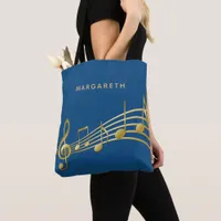 Gold music notes classic blue musician name tote bag