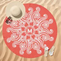 Octopus Mandala Monogram Coral Beach Towel