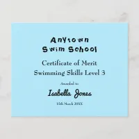 Swimming Lesson Gala Certificate Blue Custom Award