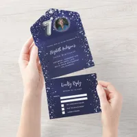 70th Birthday navy blue photo silver stars rsvp All In One Invitation