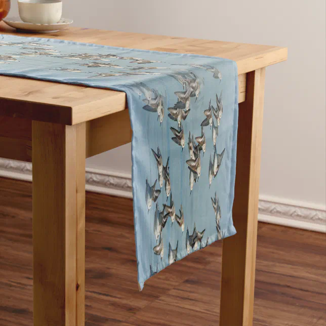 Sanderlings Take Flight in the Winter Skies Short Table Runner