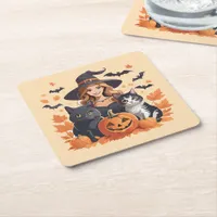 Witch Cats Bats & Pumpkins Halloween Square Paper Coaster