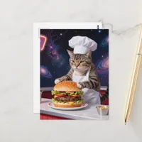 Cute Grey Tabby Cat Chef Making Cheeseburger Postcard