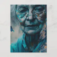 Elderly Woman With Blue Butterflies Postcard
