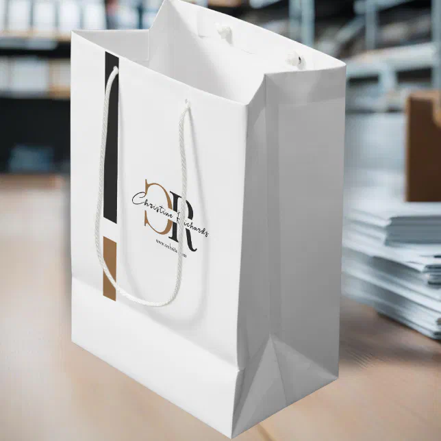 Simple Modern Black Gold Monogram Medium Gift Bag