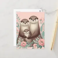 Adorable Otter Boho Pink Mom Dad and Baby Postcard