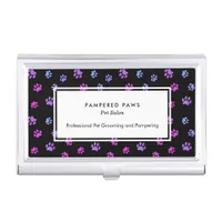 Purple Pink Blue Paw Prints Professional Pet Salon Business Card Case