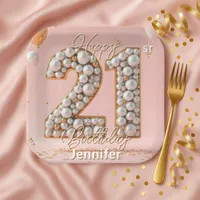 Fancy Blush Pink and Pearl Gold 21st Birthday  Paper Plates