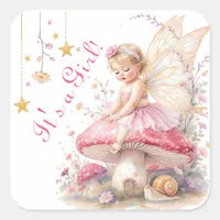 Pink & Gold Fairy Cottage Core Girl's Baby Shower  Square Sticker