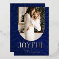 Blue Gold Modern Botanical Arch Joyful Photo Foil Holiday Card