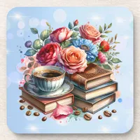 Pretty Floral Vintage Books and Coffee  Christmas Beverage Coaster