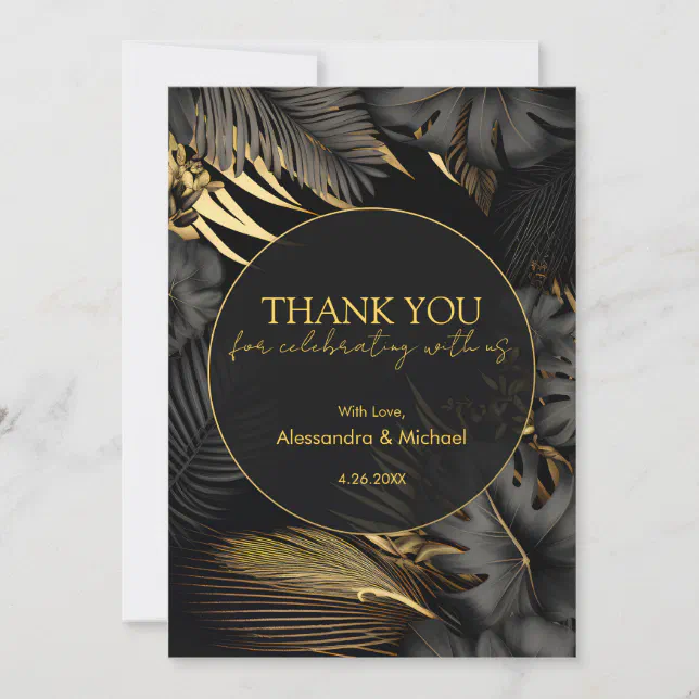 Modern Black Gold Tropical Wedding Thank You