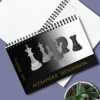 Vintage Black and White Watercolor Chess Gold Name Planner