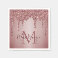 Rose Gold Glitter Drips Fashion Monogram Napkins