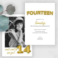 Gold Balloon Fourteenth Birthday Photo Invite