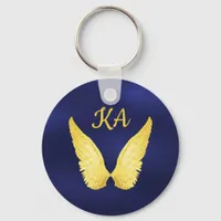 Blue gold angel wings monogram keychain