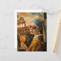 Surreal Woman With Pearl Earring Goes on Vacation Postcard
