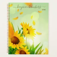 Elegant Personalized Sunflowers On Green Custom Planner