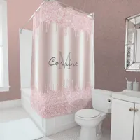 Monogram Blush Pink Dbl Dripping Glitter Metallic Shower Curtain