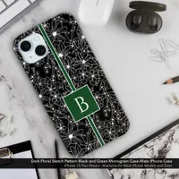 Dark Floral Pattern Black Green Sketch Monogram iPhone 15 Plus Case