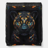 Mosaic Stained Glassed Black Panther Portrait  Drawstring Bag