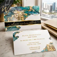 Luxury Aqua Gold Foil Alcohol Ink Business Cards