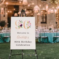 Peach pink florals number 90th birthday welcome foam board