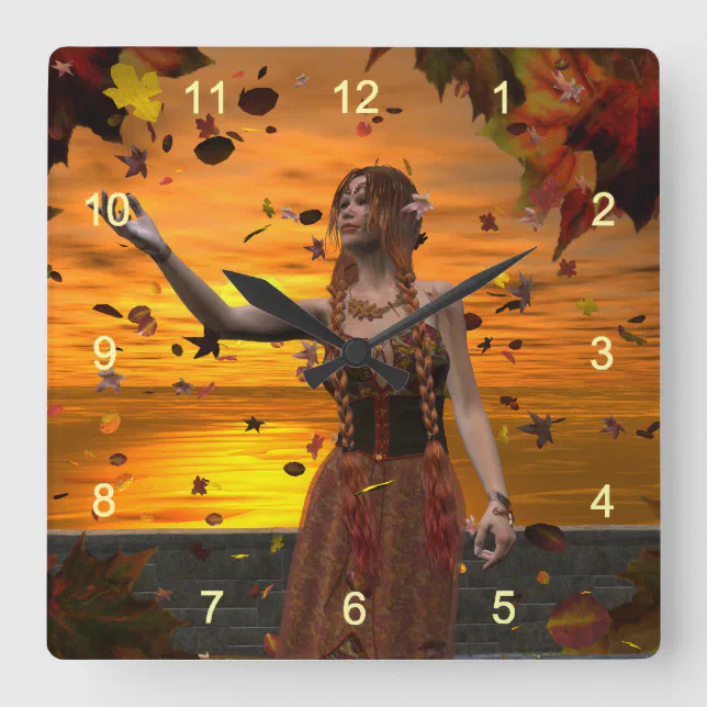 Elf in Falling Leaves Against an Autumn Sunset Square Wall Clock