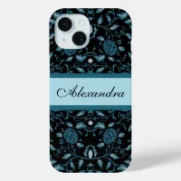 Elegant Flowery Black and Teal Damask iPhone 15 Case