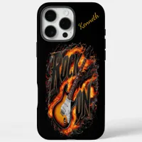 Flaming electric guitar with bold text iPhone 16 pro max case