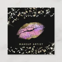 ~* Makeup Pastel Pink Lavender Gold Glitter Lips Square Business Card