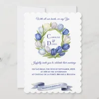 Elegant Watercolor Tulip Wreath Wedding Blue Ivory Invitation