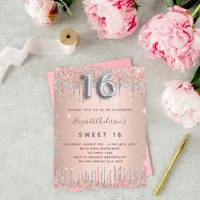 Sweet 16 rose gold silver glitter birthday invitation postcard