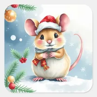 Cute Little Festive Christmas Mouse Square Sticker