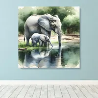 Watercolor Illustration of Mama and Baby Elephant Canvas Print