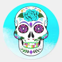 Sugar Skull Halloween Teal Purple Classic Round Sticker