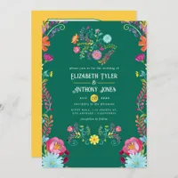 Emerald Green & Gold Floral Mexican Fiesta Wedding Invitation