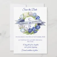 Elegant Watercolor Tulip Wreath Wedding Blue Ivory Save The Date