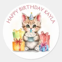 Cute Personalized Kitten in Birthday Hat  Classic Round Sticker