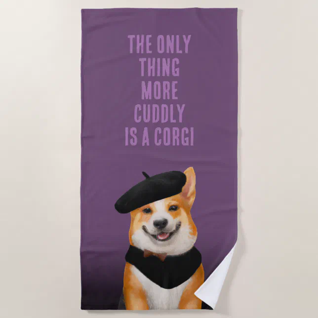 Cute Chic Corgi Dog Wearing Beret & Bandana Beach Towel