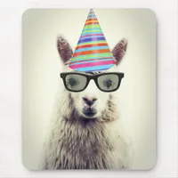 Alpaca in Glasses and Party Hat Mouse Pad