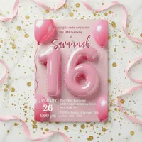 Pink Foil Balloon Typography Sweet 16 Birthday Invitation