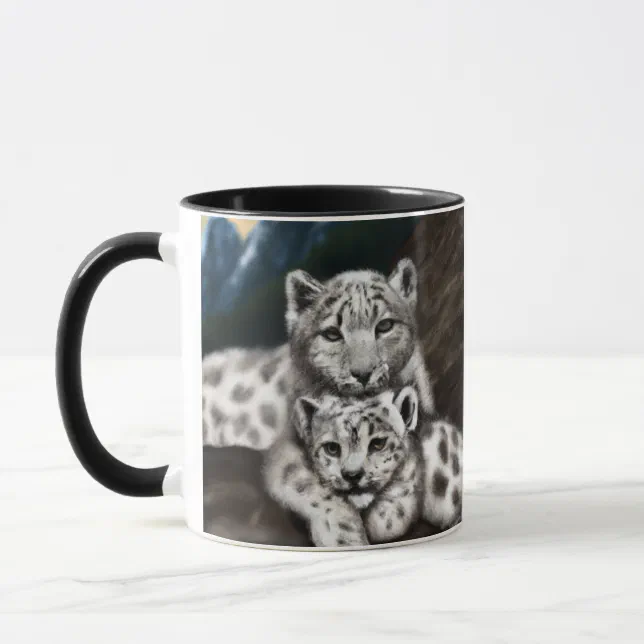 Mother Snow Leopard and Cub in the Mountains Mug