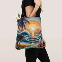 Mosaic Ai Art | Ocean Sunset and Palm Trees Tote Bag