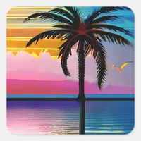 Palm Trees, Seagull and Sunset Square Sticker