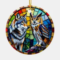 Mosaic Wolf and Owl  Art Personalized Christmas Ceramic Ornament