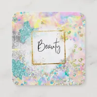 *~* BEAUTY Abstract Glitter Frame Pastel Rainbow Square Business Card